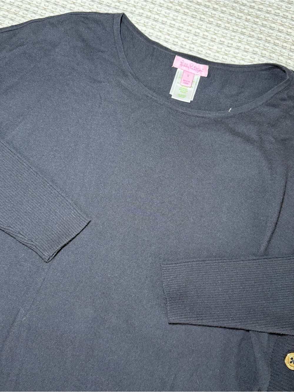 Lilly Pulitzer Ramona Fringe Sweater Navy Small Side Button Preppy Tight Knit